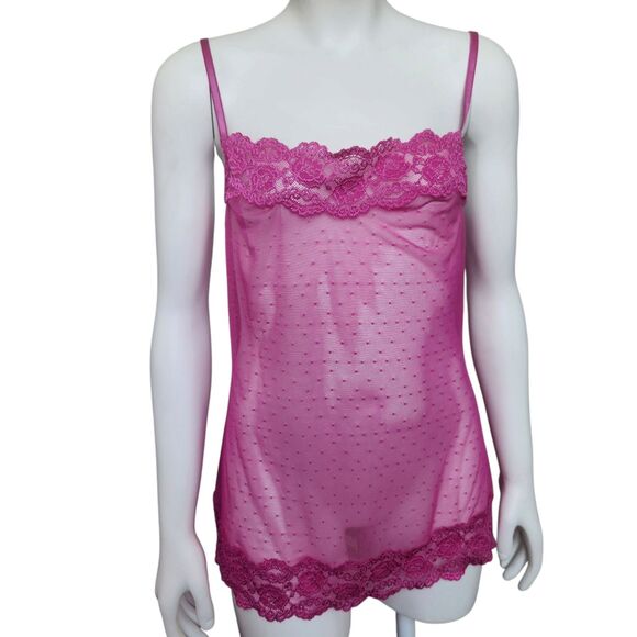 Y2K Barbie Pink Dotted Swiss Mesh & Lace Detail Sheer Cami/Slip Dress-Jezabell-S - Picture 2 of 12